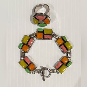 Mexico Inlaid Sterling Silver Gemstone Bracelet & Ring - 1950’s - 1970’s